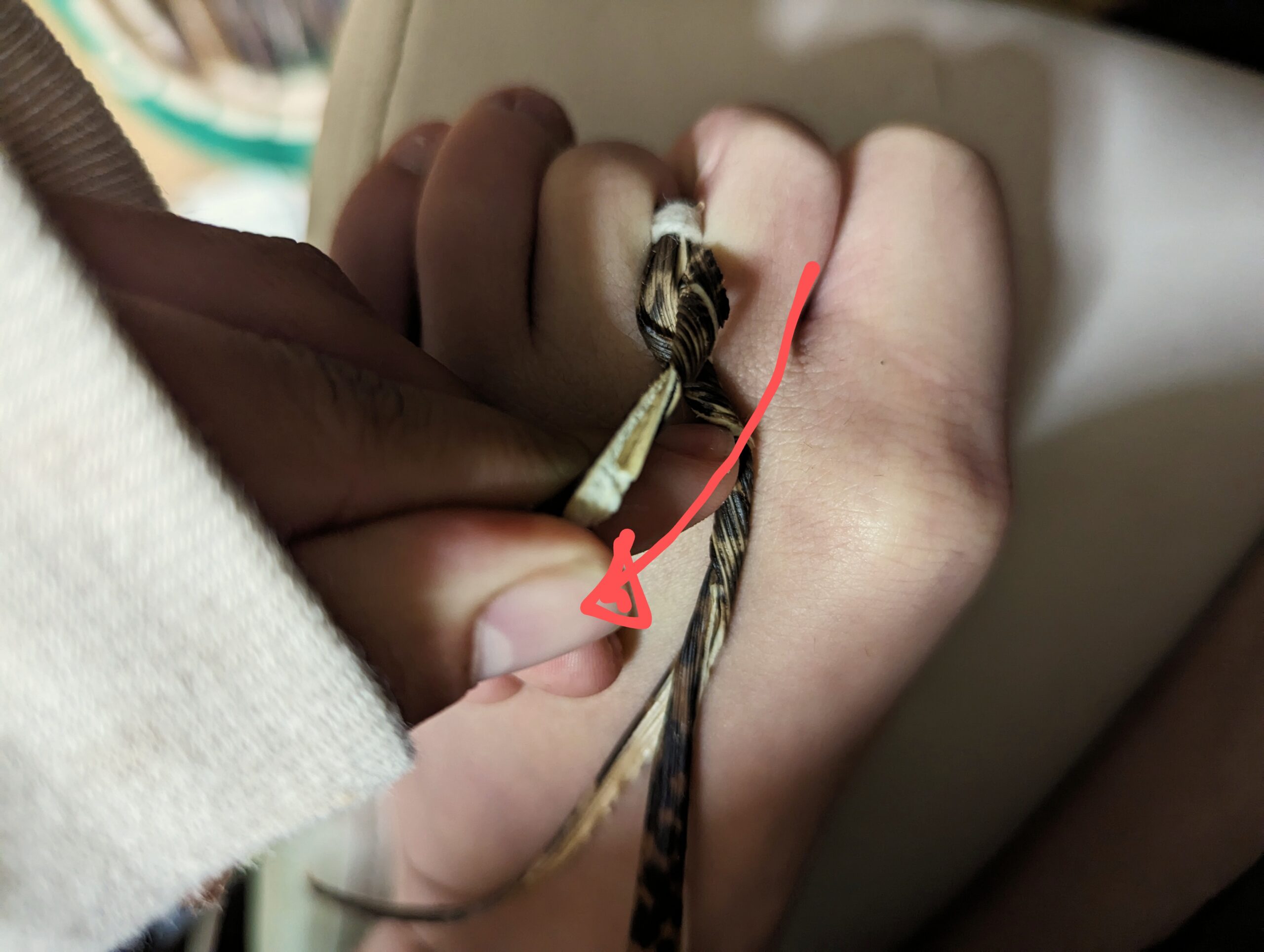 交差させる様子（参考：タケノコ紐画像）